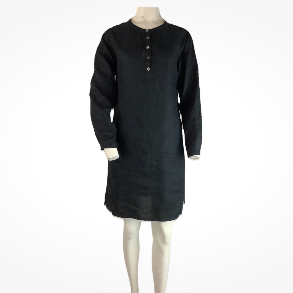 Garnet Hill Sz 6 100% Linen Pullover Shirt Dress Black Long Sleeve Thin
